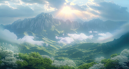 Poster - A tranquil and grand mountain range stands bathed in the gentle light of the early morning sun, with beams of sunlight piercing through the fluffy clouds. Generative AI.