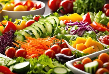 Wall Mural - vibrant fresh salad buffet colorful vegetables flavorful dressings, healthy, organic, nutritious, tasty, delicious, appetizing, crunchy, ingredients, lettuce,