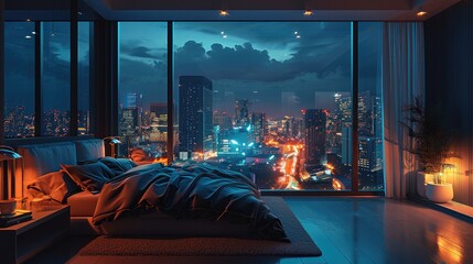 Poster - A bedroom, Floor-to-ceiling windows, the city is outside the window, night. Generative AI.