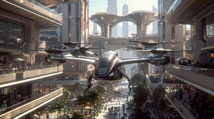 Wall Mural - A futuristic urban air mobility hub with multiple eVTOL aircraft, photorealistic, showcasing the integration of air transport in a modern city. 