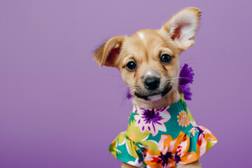 Wall Mural - Cute dog in summer dress on purple background.