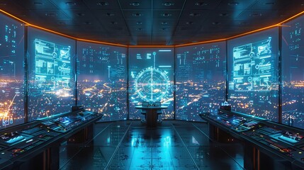 Wall Mural - An AI-powered air traffic control center, digital art, with advanced monitoring systems and holographic displays. --ar 16:9 --style raw --stylize 250 Job ID: 2a7d7d16-63aa-4aff-a054-2033921424c6