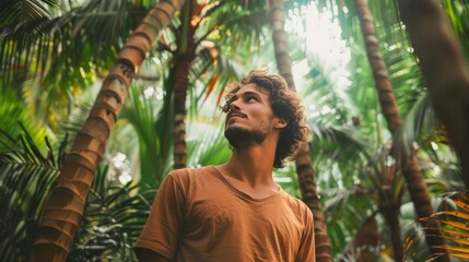 Young man standing near palm trees in rainforest, AI Generative