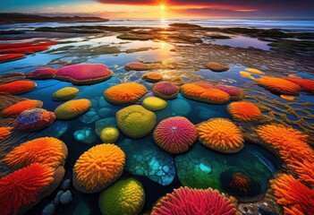 glistening sunlight tidal pools, reflection, water, bright, sunny, shimmering, coastal, marine, natural, serene, calm, ocean, sea, peaceful, scenery