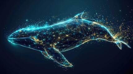 Aufkleber - flat 2D illustrate with glowing blue killer whale made of digital particles with geometric lines, Particles go from light to dark, yellow, green and blue light, black background. Generative AI.