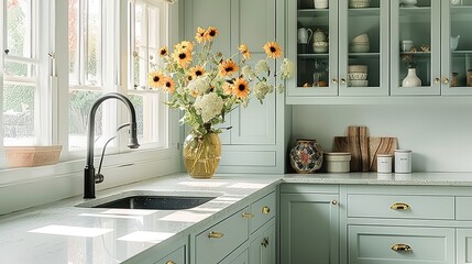 An apartment kitchen with white walls and light green cabinets showcasing cute home accessories, a black sink with a faucet, a colorful vase with golden flowers. Generative AI.