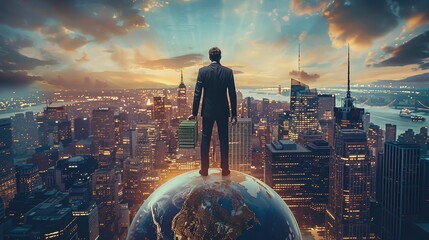 Aufkleber - A person standing confidently on top of a globe, holding stacks of money, with a luxurious cityscape in the background. dressed in a sharp, elegant suit, exuding confidence and power. Generative AI.