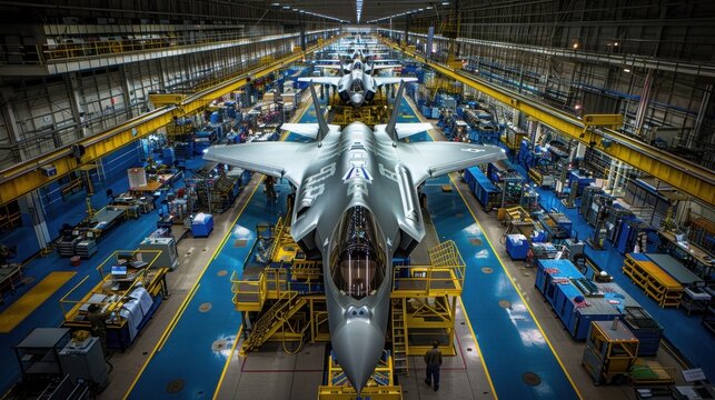 Lockheed Martin factory producing F-35 Lightning II jets, photorealistic, with engineers inspecting and assembling parts in a high-security, state-of-the-art facility. -