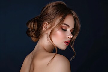  Elegant woman with flawless makeup and stylish hair bun on a dark background, showcasing beauty and sophistication.