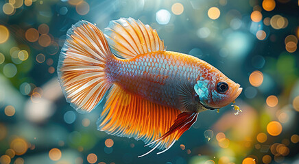 Fish happily eating a flake of food, looking active, This is a harmonious and vibrant beautiful picture. Generative AI.