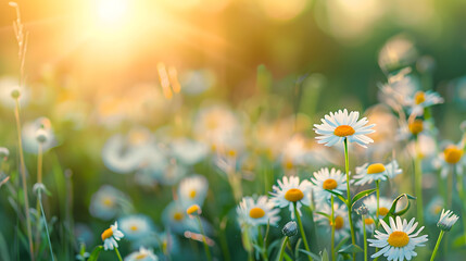 Aufkleber - Beautiful spring summer natural panoramic landscape of  countryside with flowered daisies in meadow at sunset Shallow depth of field : Generative AI
