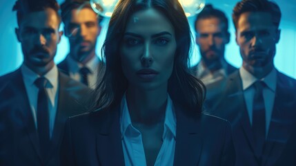 Leinwandbilder - Businesswoman surrounded by office man on dark blue background. Generative AI.