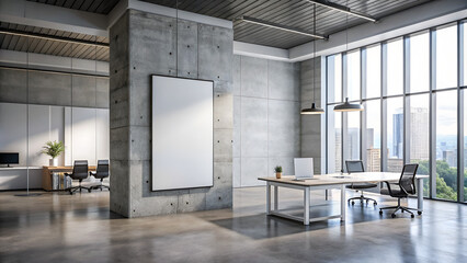 A modern office with a large blank white poster on a concrete wall, light spacious interior, a concept of advertising space. 3D Rendering