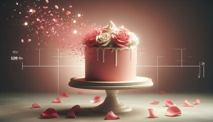 Wall Mural -  beautiful pink cake with white frosting and pink roses is disintegrating into pink petals. The cake is on a white cake stand, and the petals are falling around it. white lines in the background.