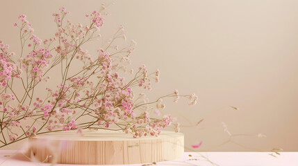 Poster - Empty round wooden podium for product presentation pink gypsophila flowers on beige background Natural materials background for cosmetic advertising with cylinder shape showcase Mockup : Generative AI