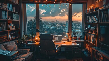 Aufkleber - Cozy home office, moody lights. Generative AI.