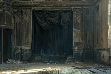 Wall Mural - a darkened stage set with a black curtain in an old building