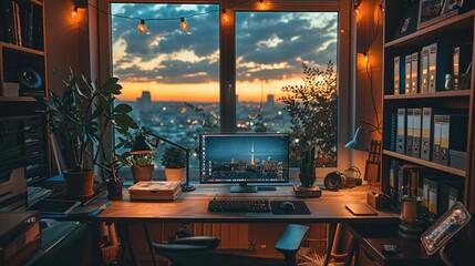 Aufkleber - Cozy home office, moody lights. Generative AI.