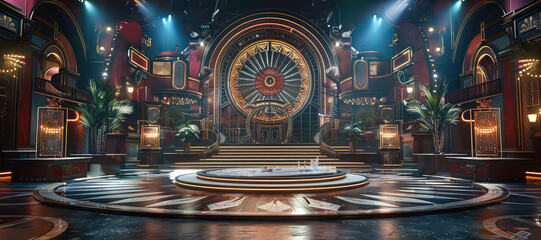 Poster - A TV show set design featuring a stage with circular podiums in the center and an amusement park behind it, in style of futuristic, background including a ferris wheel, rollercoaster. Generative AI.