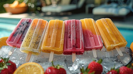 Wall Mural - A variety of colorful fruit popsicles displayed on a bed of ice in a tray. The setting includes a sunny backyard with a pool. Generative AI.