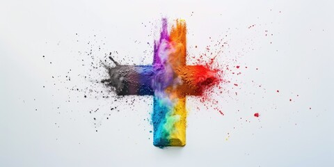 Poster - a vibrant cross design created using colored powder on a white background, great for creative projec