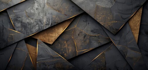 Golden lines and dark triangles in black geometric background, perfect for modern wallpaper in web design or presentations