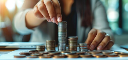 Poster - Financial planning and money crowding concept shown by businesswoman's hand stacking coins on office desk