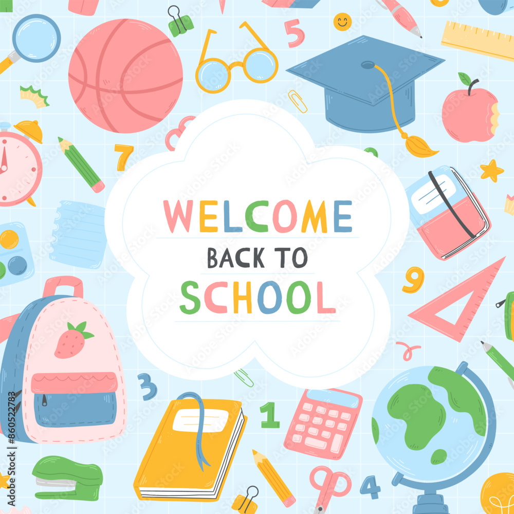 Back to school blue card poster template with school items on the ...