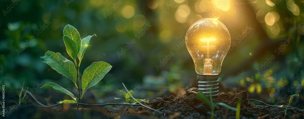 Light bulb with a growing plant inside on a blurred green background ...