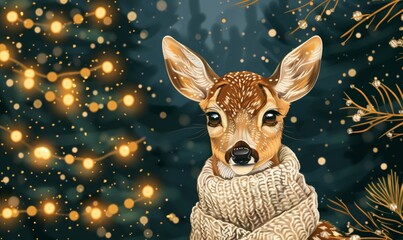 Funny deer  in a knitted scarf on a gray simple background. Cute Christmas greeting card in c colored linocut style. Cartoon illustration. New year holiday banner, copy space.