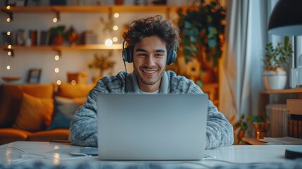 Aufkleber - A man smiling using a laptop on a video call, with headphones, in office, in the morning. Generative AI.