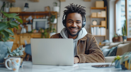 Aufkleber - A man smiling using a laptop on a video call, with headphones, in office, in the morning. Generative AI.