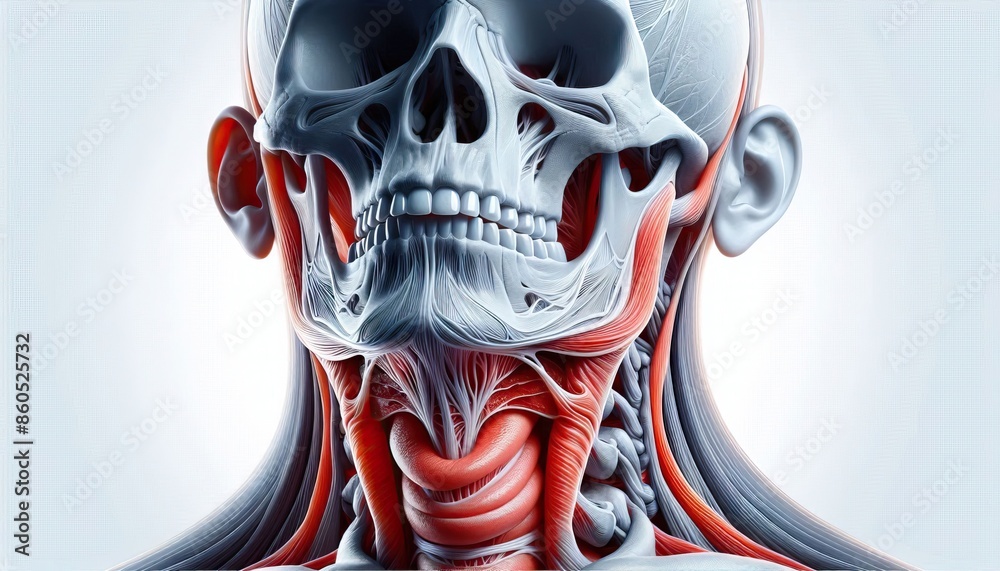 Human skull showing detailed facial muscles and veins with jaw ...
