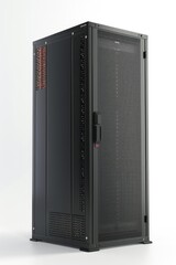 Poster - A picture of a black server cabinet with a prominent red button on the front panel