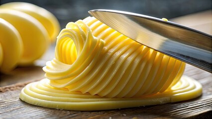 Canvas Print - Smooth curls of butter being sliced with a knife.