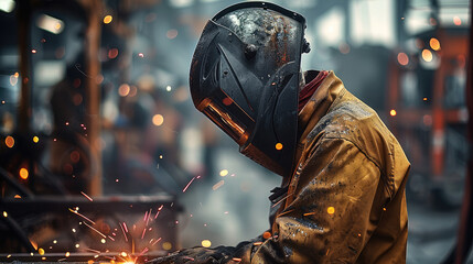 Poster - A welder in work. worker welding a piece of metal while assembling a metal construction for project. Wearing safety equipment, gloves and a mask while working. Generative AI.