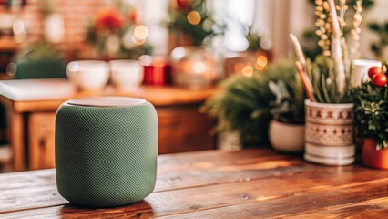 Canvas Print - Festive home decor with a small green speaker on a wooden table.