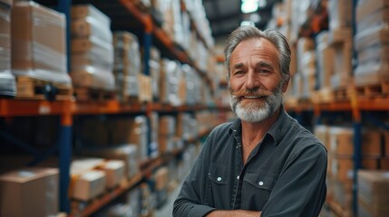 Aufkleber - A smiling handsome man in his sixties managing the logistics warehouse, coordinating loading and unloading goods, blurred background of a warehouse. Generative AI.