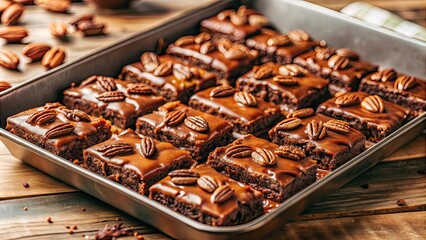 Canvas Print - Tray of delicious homemade brownies with nuts and caramel drizzle.