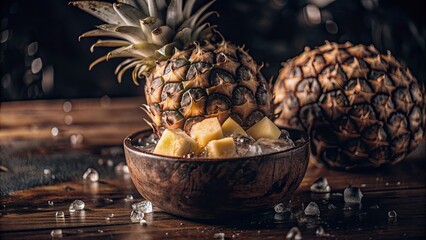 Canvas Print - Pineapples and a bowl of pineapple chunks on a wooden table.