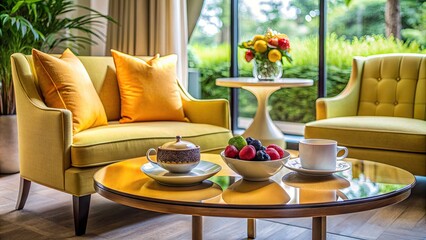 Poster - Cozy living room with yellow chairs and a table set with tea and snacks.