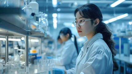 Poster - A modern laboratory, Chinese woman scientists in lab coats working on peptide synthesis, advanced lab equipment in the background. Bright, clean, and organized lab environment. Generative AI.