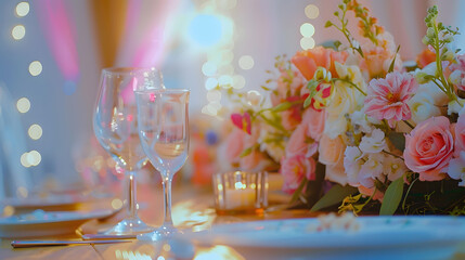 Poster - Amazing wedding table decoration with flowers on wooden tables : Generative AI