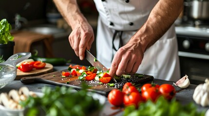 A chef in a professional kitchen, chopping vegetables with precise movements, with the focus on the hands and the chopping board