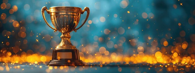 Wall Mural - golden trophy celebration with sparkling lights and bokeh effect background.
