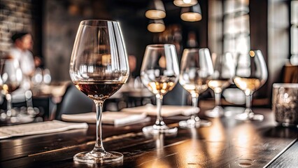 Canvas Print - Wine glasses arranged on a table in a cozy restaurant.