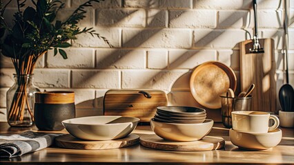 Poster - Neatly arranged kitchenware on wooden shelves.