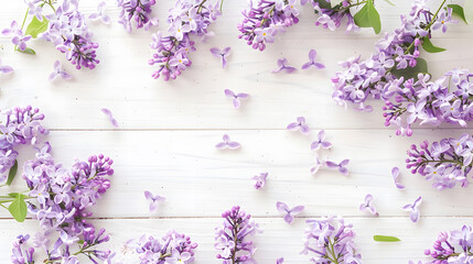Poster - Spring flowers Lilac flowers on white wooden background Top view flat lay copy space : Generative AI