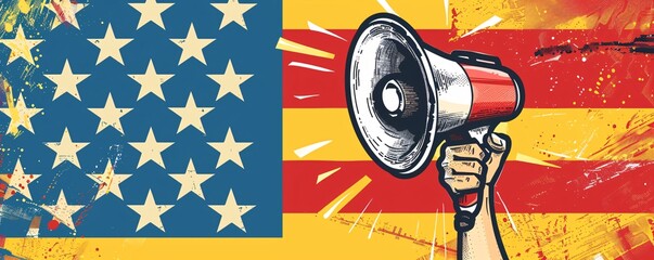 Illustration featuring a hand holding a megaphone over an american flag background, conveying a message of free speech and protest