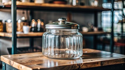 Poster - Empty glass jar with a lid on a wooden counter.